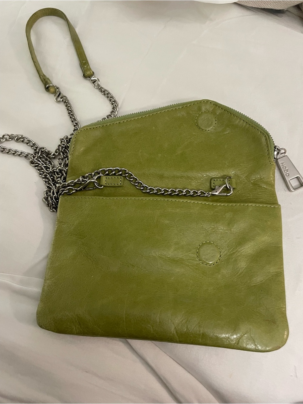 HOBO Olive Green Leather Crossbody with Silver Chain.